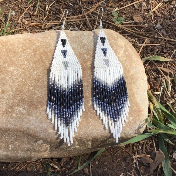 BLACK and Grays Triangle Beaded Earrings with Fringe, New, Handmade by Me - Picture 1 of 6